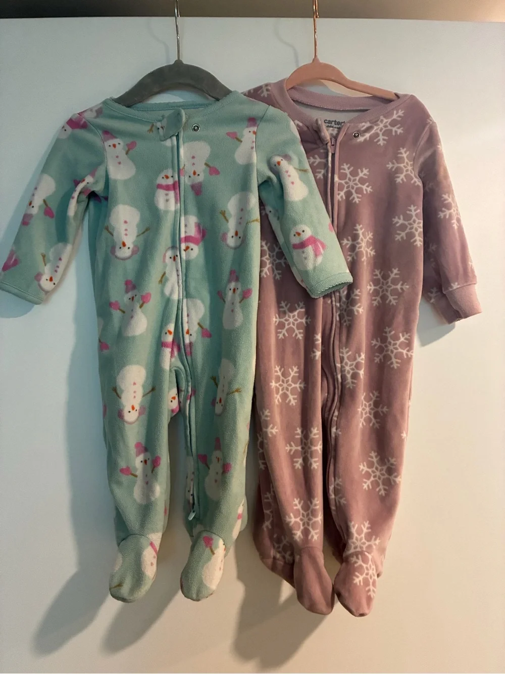 Carter's Mint Green Snowman & Mauve Snowflake Fleece Footed Pajamas